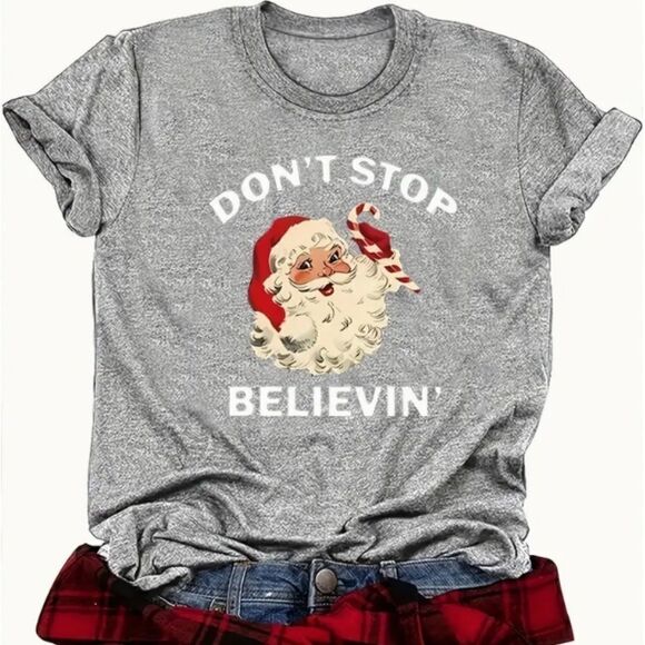 Santa Christmas Gray T Shirt Don't Stop Believin' Holiday Party School Candy - Picture 1 of 3